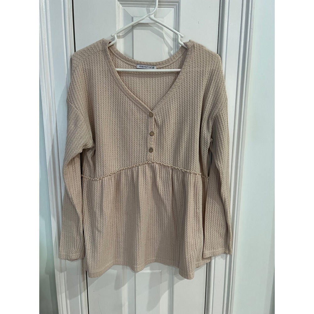 Pinkmstyle Beige Waffle Knit Henley Babydoll Top Long Sleeve Tan Thermal Women M